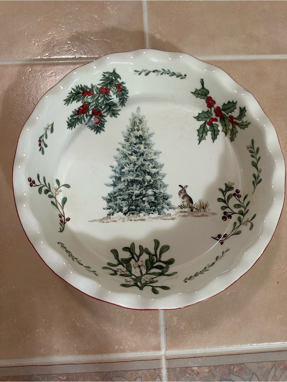 Holiday Ceramic Serving Bowl in White with Green and Red Accents